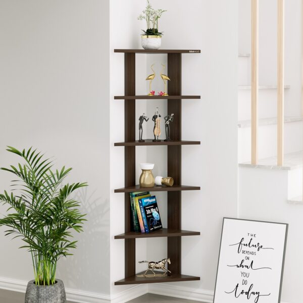 Bluewud Wudville Braine Engineered Wood Wall Mount Corner Shelf, Display Rack, (6 Tringle Shelves - Wenge) - Bluewud