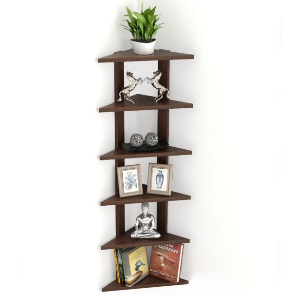 Bluewud Wudville Braine Engineered Wood Wall Mount Corner Shelf, Display Rack, (6 Tringle Shelves - Wenge) - Bluewud