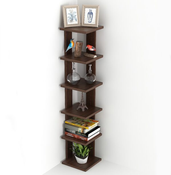 Bluewud Wudville Braine Engineered Wood Wall Mount Corner Shelf, Display Rack, (6 Square Shelves - Wenge) - Bluewud