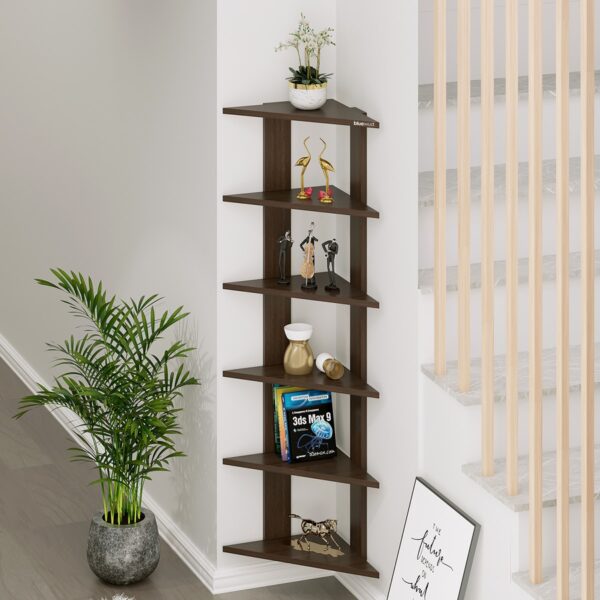 Bluewud Wudville Braine Engineered Wood Wall Mount Corner Shelf, Display Rack, (6 Tringle Shelves - Wenge) - Bluewud