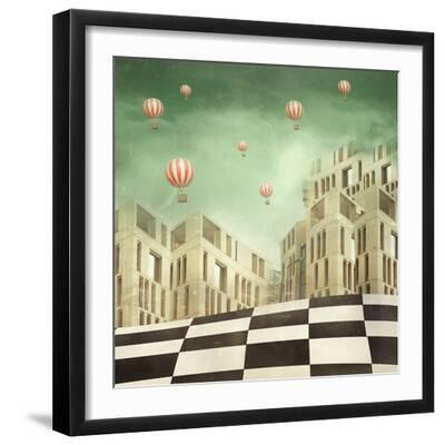 Illustration of a Several Modern Buildings in a Surreal Landscape and Many Hot Air Balloons - Black Framed Art Print Wall Art, 16x16