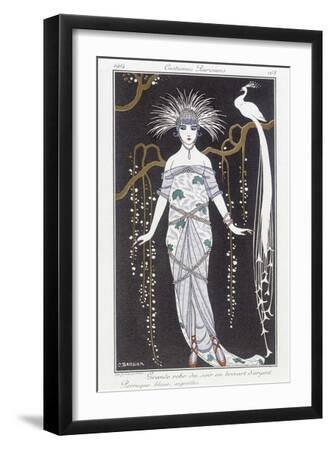 Silver Brocade Evening Dress and Wig - Illustration by George Barbier (1882-1932). in “” Journal De - Black Framed Art Print Wall Art, 12x18